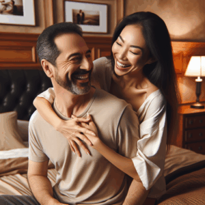 A couple playfully interacting, with one partner about to softly bite the other's shoulder in a humorous and affectionate manner, set in a cozy bedroom scene.