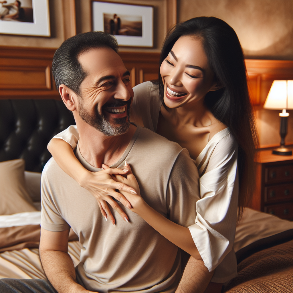 A couple playfully interacting, with one partner about to softly bite the other's shoulder in a humorous and affectionate manner, set in a cozy bedroom scene.
