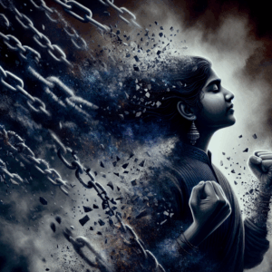 A dark, thought-provoking illustration depicting a person breaking free from manipulative chains, symbolizing liberation from narcissistic abuse.