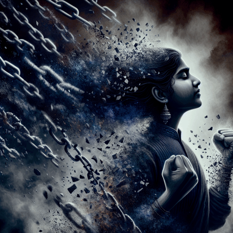 A dark, thought-provoking illustration depicting a person breaking free from manipulative chains, symbolizing liberation from narcissistic abuse.