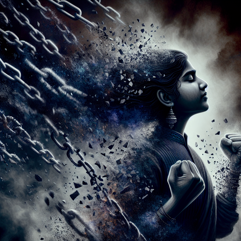 A dark, thought-provoking illustration depicting a person breaking free from manipulative chains, symbolizing liberation from narcissistic abuse.