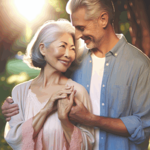 A diverse couple with a significant age difference, happily holding hands in a serene park setting. The older partner, characterized by silver hair and wisdom, and the younger partner, radiant and youthful, share a moment of genuine love and connection. Soft sunlight filters through the trees, creating a peaceful and inclusive atmosphere, symbolizing love beyond age boundaries.