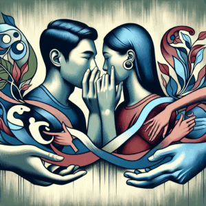 A tasteful and educational illustration of a couple exploring intimacy in a modern setting, focusing on communication and consent, with abstract representations of trust and exploration in the background.