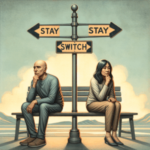 A couple sitting at a crossroads, with signs pointing to 'Stay' and 'Switch'. They look contemplative and unsure, symbolizing the life-altering decision depicted in the concept of Switch Therapy.