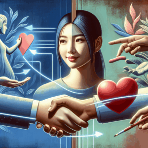 A thoughtful illustration of a person balancing a romantic relationship and friendships, with symbols of love and friendship intertwined harmoniously.