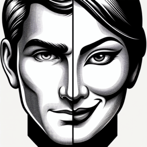 An illustration showing a split face, half representing a charming, flattering side, and the other half revealing a cunning, manipulative side, symbolizing the dual nature of narcissistic manipulators.