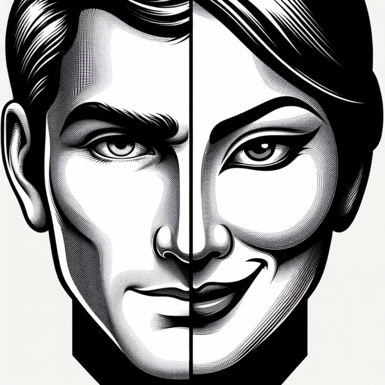 An illustration showing a split face, half representing a charming, flattering side, and the other half revealing a cunning, manipulative side, symbolizing the dual nature of narcissistic manipulators.