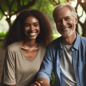 A diverse couple of different ages, smiling and enjoying each other's company in a serene park setting, with soft, warm lighting to symbolize the warmth of their relationship.