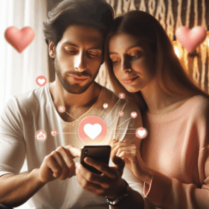 A romantic couple sitting together, both holding smartphones with a glowing app screen, hearts and chat bubbles floating around, in a cozy, intimate setting with warm lighting.