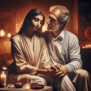 A diverse couple sitting together, illustrating an age gap with love and understanding, surrounded by a warm and inviting atmosphere.