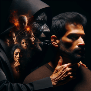 A psychological scene showing a metaphorical representation of manipulation, with a dark, shadowy figure whispering insidious phrases to a person in distress who starts to find clarity and strength.