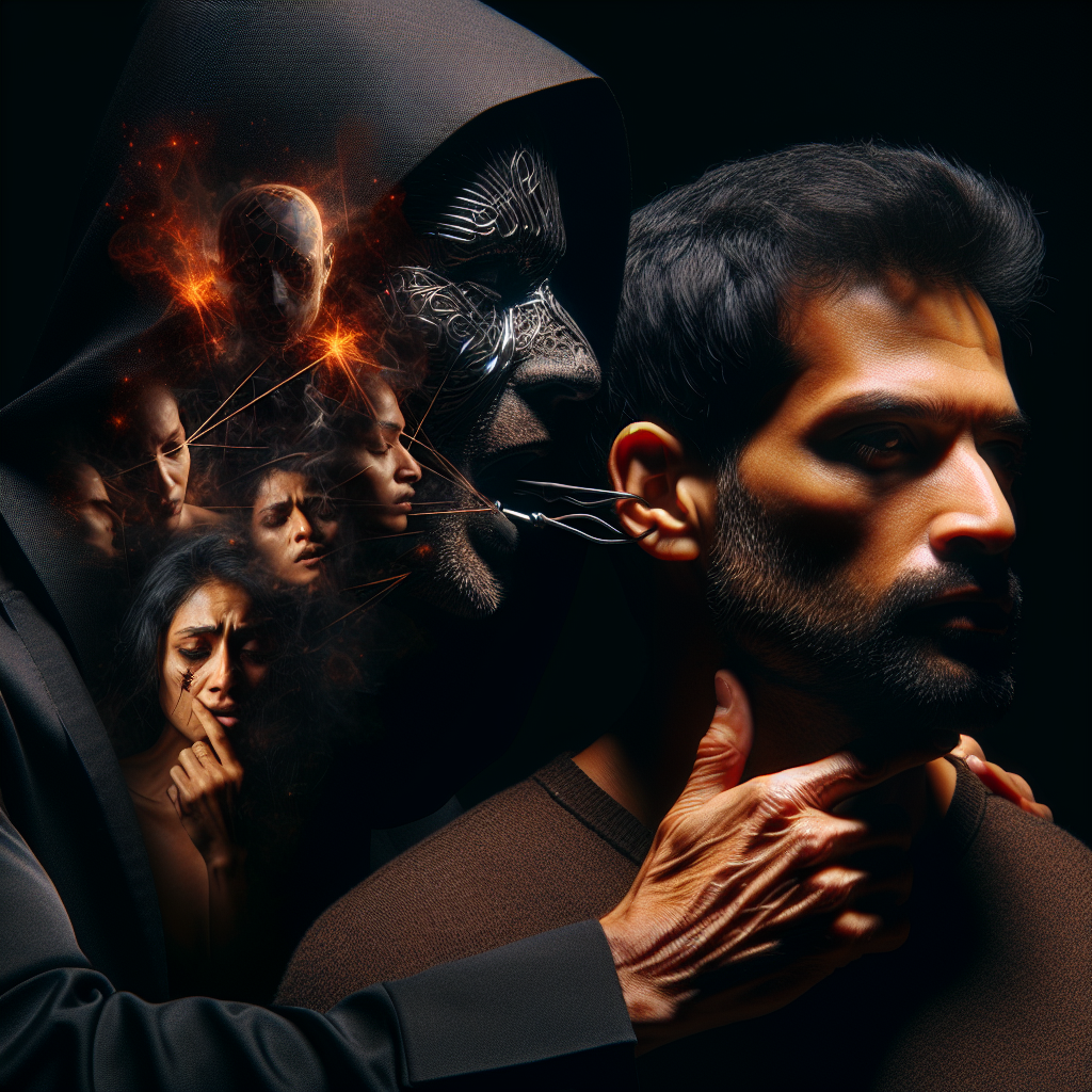 A psychological scene showing a metaphorical representation of manipulation, with a dark, shadowy figure whispering insidious phrases to a person in distress who starts to find clarity and strength.