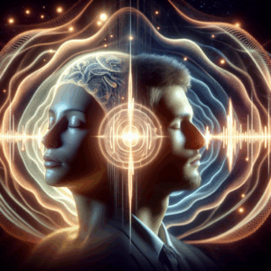 A serene and intimate scene illustrating the concept of auralism, featuring soft lighting emphasizing the auditory experience. The focus is on a couple, eyes closed, immersed in an auditory journey with vibrant sound waves surrounding them, evoking a sense of pleasure and connectivity.