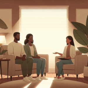 A counseling session between a couple, with a calm and understanding atmosphere. The couple is seated on a comfortable sofa, engaged in a conversation with a therapist. The room is warmly lit, with soft colors and a plant in the corner to create a serene environment.