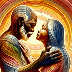 An abstract illustration depicting a diverse couple with a significant age gap, symbolizing love without age boundaries, set in a warm, harmonious color palette.