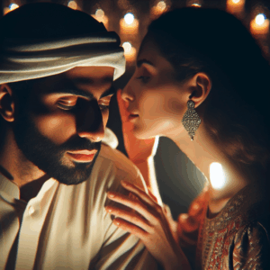 A romantic and intimate setting with soft lighting, featuring a couple enjoying a moment of connection through sounds, such as whispers or calming music, with an emphasis on auditory elements in a sensual atmosphere.