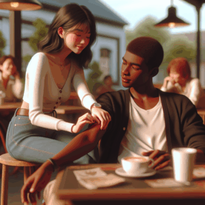 A gentle and romantic scene depicting a woman subtly showing affection towards a man, in a casual setting like a coffee shop or park, emphasizing body language and tender expressions.