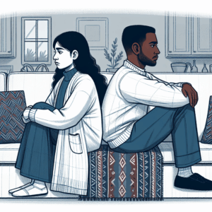 An illustration of a couple sitting back to back on a couch, each looking in different directions, symbolizing emotional distance and the end of a relationship.