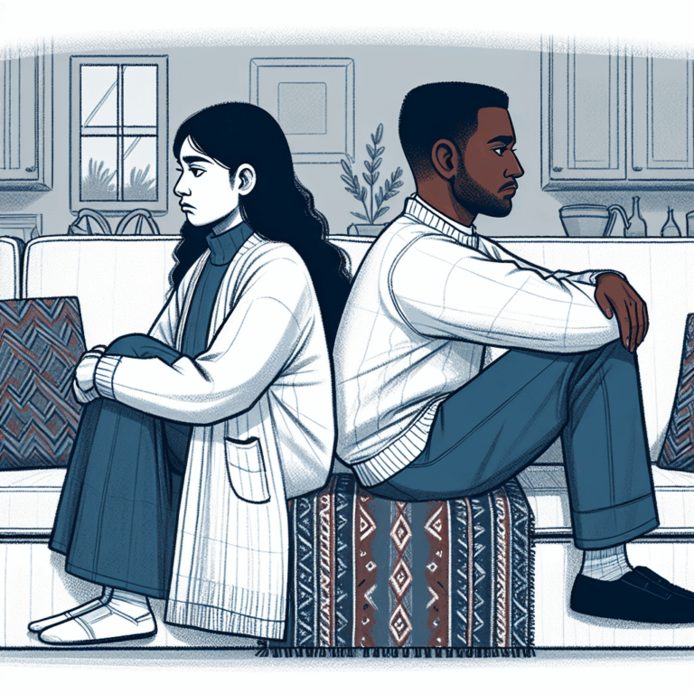 An illustration of a couple sitting back to back on a couch, each looking in different directions, symbolizing emotional distance and the end of a relationship.