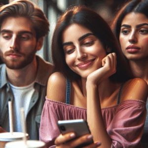 A young woman looking at her phone with a dreamy smile, sitting in a café with friends who seem slightly annoyed, symbolizing distraction due to a new romantic relationship.