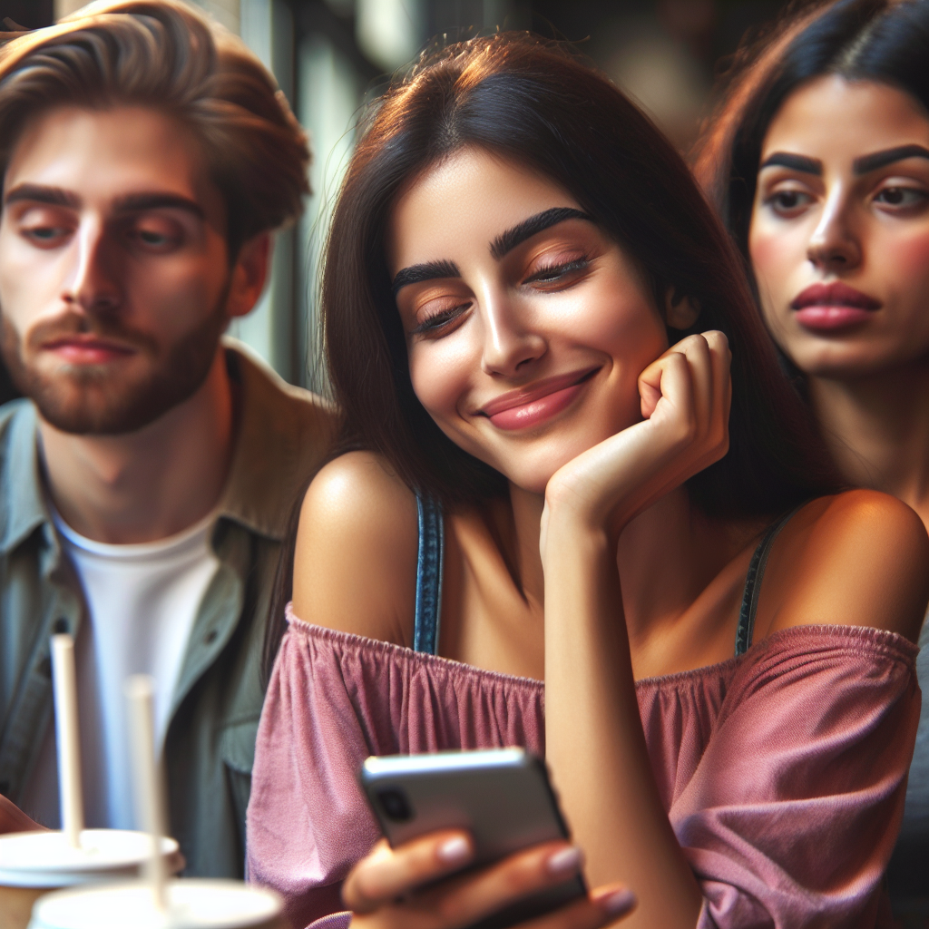 A young woman looking at her phone with a dreamy smile, sitting in a café with friends who seem slightly annoyed, symbolizing distraction due to a new romantic relationship.