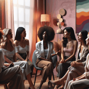 A diverse group of women engaging in a positive and open discussion about sexual health and pleasure, depicting comfort and confidence. The setting is intimate, with warm tones and subtle, tasteful references to sexuality without explicit content.