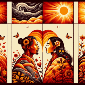 A couple facing different stages of their relationship, with symbolic representations of challenges at year 3, 7, 11, and 15. Use warm colors to convey emotion and connection.