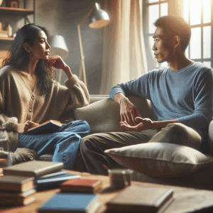 A couple sitting in a cozy living room, having a deep conversation. They look thoughtful and open, discussing a complex topic. The room is warmly lit, suggesting a safe space for dialogue. The image reflects the essence of introspective conversation and emotional connection.