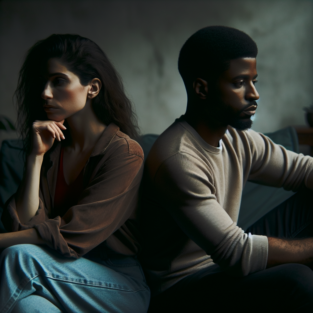 A thoughtful couple sitting apart on a couch, with a subdued color palette. The room is softly lit, emphasizing feelings of distance and reflection. Both individuals appear contemplative, looking away from each other, symbolizing the emotional and physical divide discussed in the article.