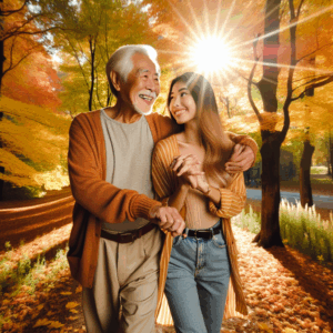 A romantic scene of a couple with a significant age difference, walking hand in hand in a beautiful park during autumn. The older person, smiling gently, has an aura of wisdom, while the younger partner exudes vibrancy and energy. Sunlight filters through the colorful leaves, symbolizing warmth and acceptance.