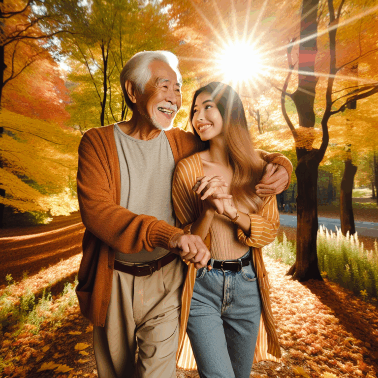 A romantic scene of a couple with a significant age difference, walking hand in hand in a beautiful park during autumn. The older person, smiling gently, has an aura of wisdom, while the younger partner exudes vibrancy and energy. Sunlight filters through the colorful leaves, symbolizing warmth and acceptance.
