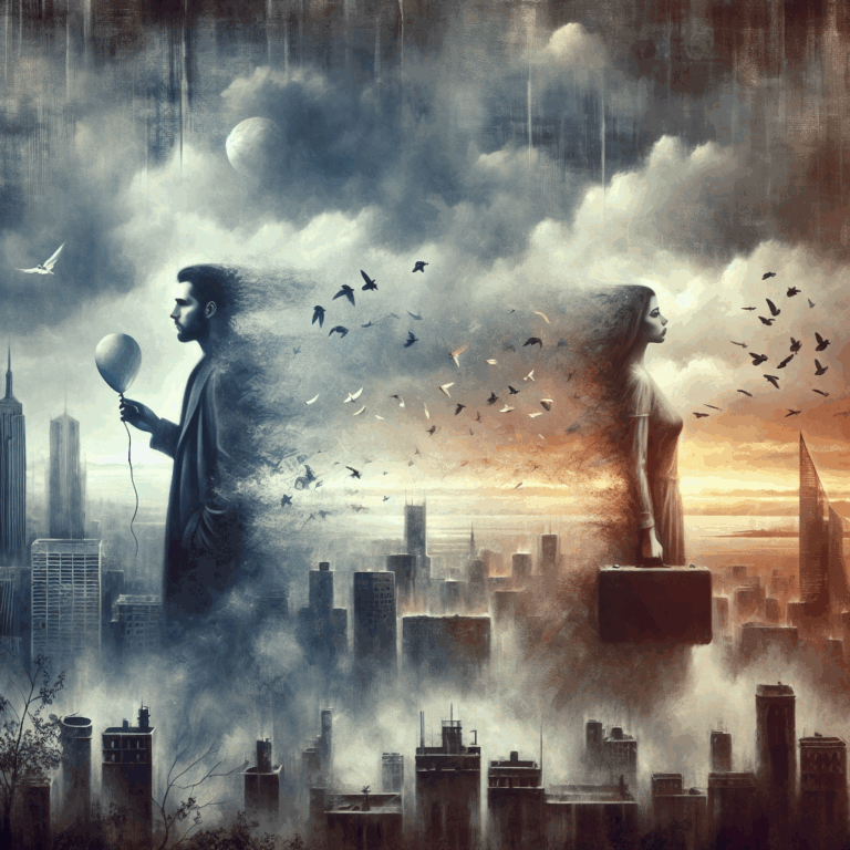 A mysterious and somber illustration representing the concept of a silent and gradual breakup, influenced by the artwork "Girl With The Balloon" by Banksy. The image should convey feelings of confusion and emotional distress, with a blend of street art elements and a fading relationship.