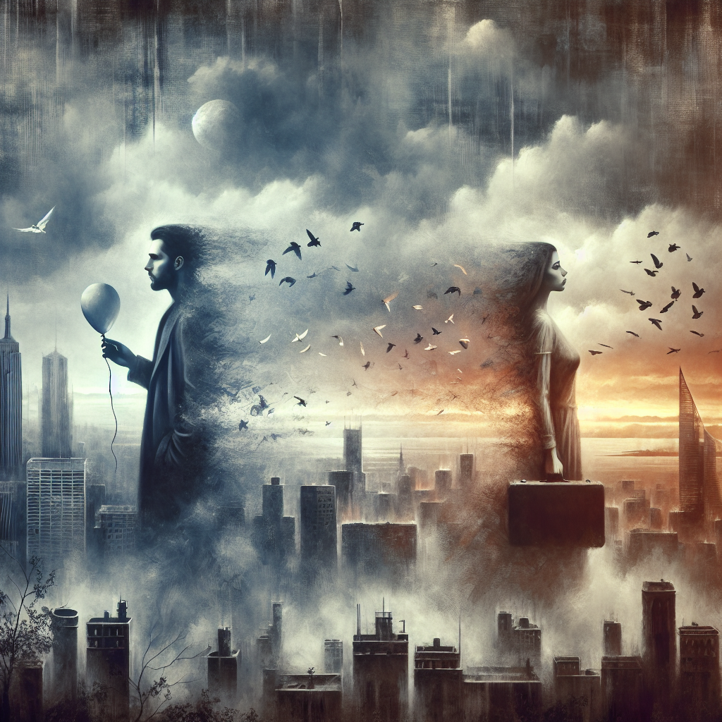 A mysterious and somber illustration representing the concept of a silent and gradual breakup, influenced by the artwork "Girl With The Balloon" by Banksy. The image should convey feelings of confusion and emotional distress, with a blend of street art elements and a fading relationship.