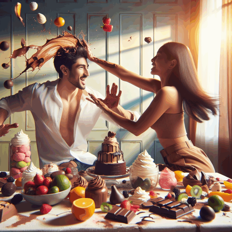A vibrant and artistic depiction of a playful scene involving two people engaged in sploshing, surrounded by colorful food items like chocolate, fruits, and whipped cream. The atmosphere is sensual and intimate, with soft, inviting lighting.