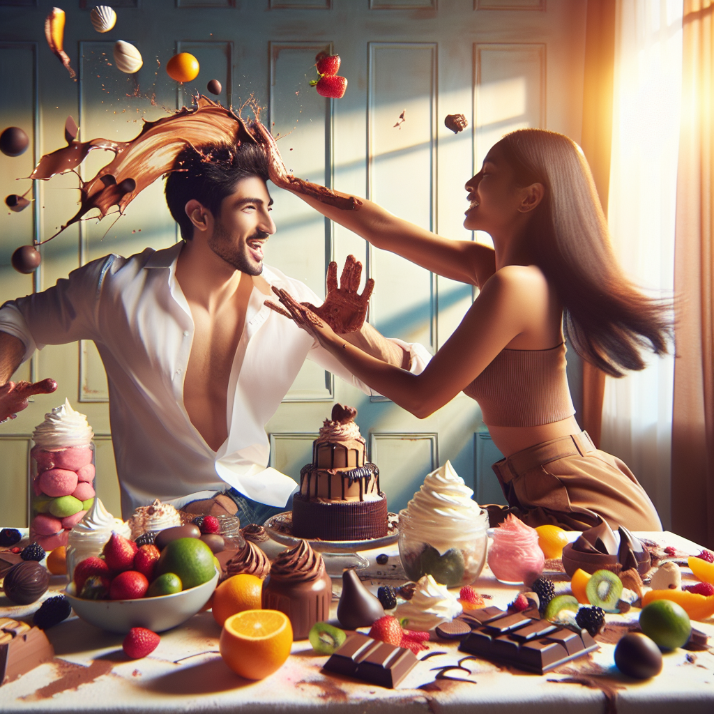 A vibrant and artistic depiction of a playful scene involving two people engaged in sploshing, surrounded by colorful food items like chocolate, fruits, and whipped cream. The atmosphere is sensual and intimate, with soft, inviting lighting.