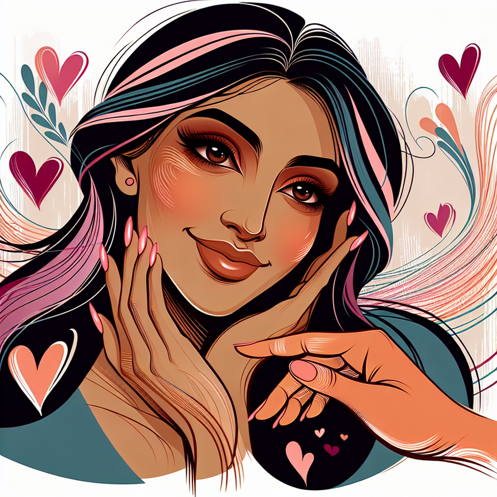 An expressive illustration of a woman in love, with heart symbols around her, showcasing subtle signs like a warm smile, an attentive gaze, and gentle touches, in a romantic and colorful style.