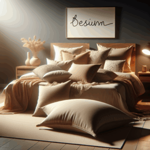 A cozy bedroom with soft lighting, featuring a bed with multiple pillows arranged artistically. In the foreground, there's a subtle depiction of a pillow being used innovatively, highlighting intimacy and comfort. The overall mood is warm and inviting, with a focus on enhancing sensual experiences.