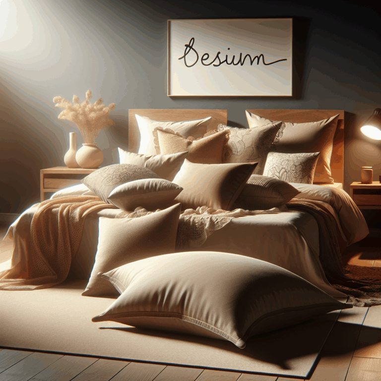 A cozy bedroom with soft lighting, featuring a bed with multiple pillows arranged artistically. In the foreground, there's a subtle depiction of a pillow being used innovatively, highlighting intimacy and comfort. The overall mood is warm and inviting, with a focus on enhancing sensual experiences.