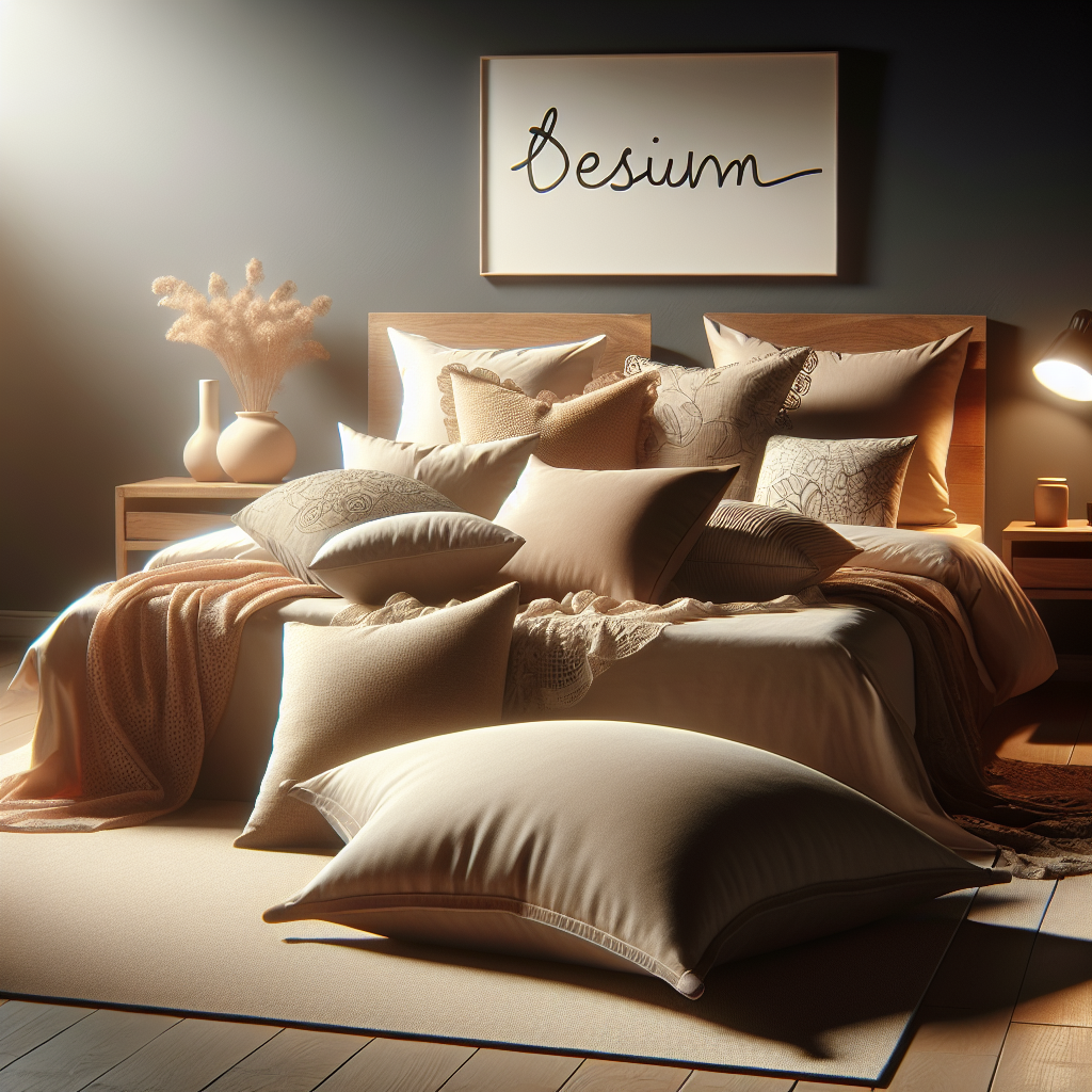 A cozy bedroom with soft lighting, featuring a bed with multiple pillows arranged artistically. In the foreground, there's a subtle depiction of a pillow being used innovatively, highlighting intimacy and comfort. The overall mood is warm and inviting, with a focus on enhancing sensual experiences.