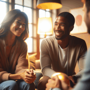 A couple sitting in a therapist's office, smiling and talking, warm lighting, soft colors, therapeutic ambiance, emotions, relationships, storytelling, intimacy.