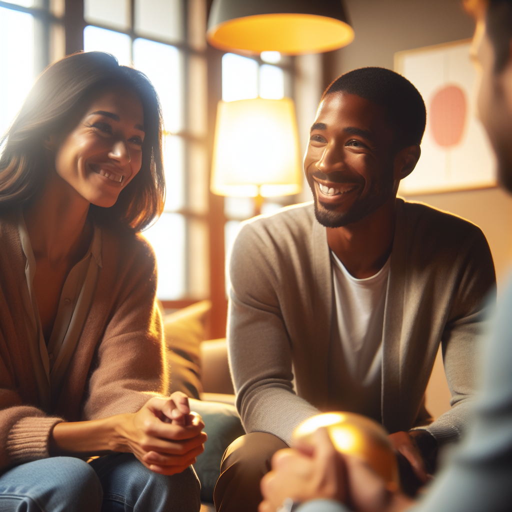 A couple sitting in a therapist's office, smiling and talking, warm lighting, soft colors, therapeutic ambiance, emotions, relationships, storytelling, intimacy.