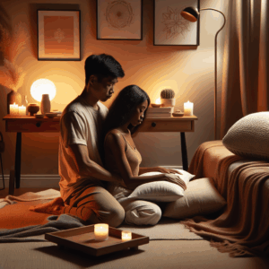 A couple in an intimate setting experimenting with the pillow technique during a romantic evening, surrounded by soft lighting and gentle decor, showcasing a sense of comfort and intimacy.