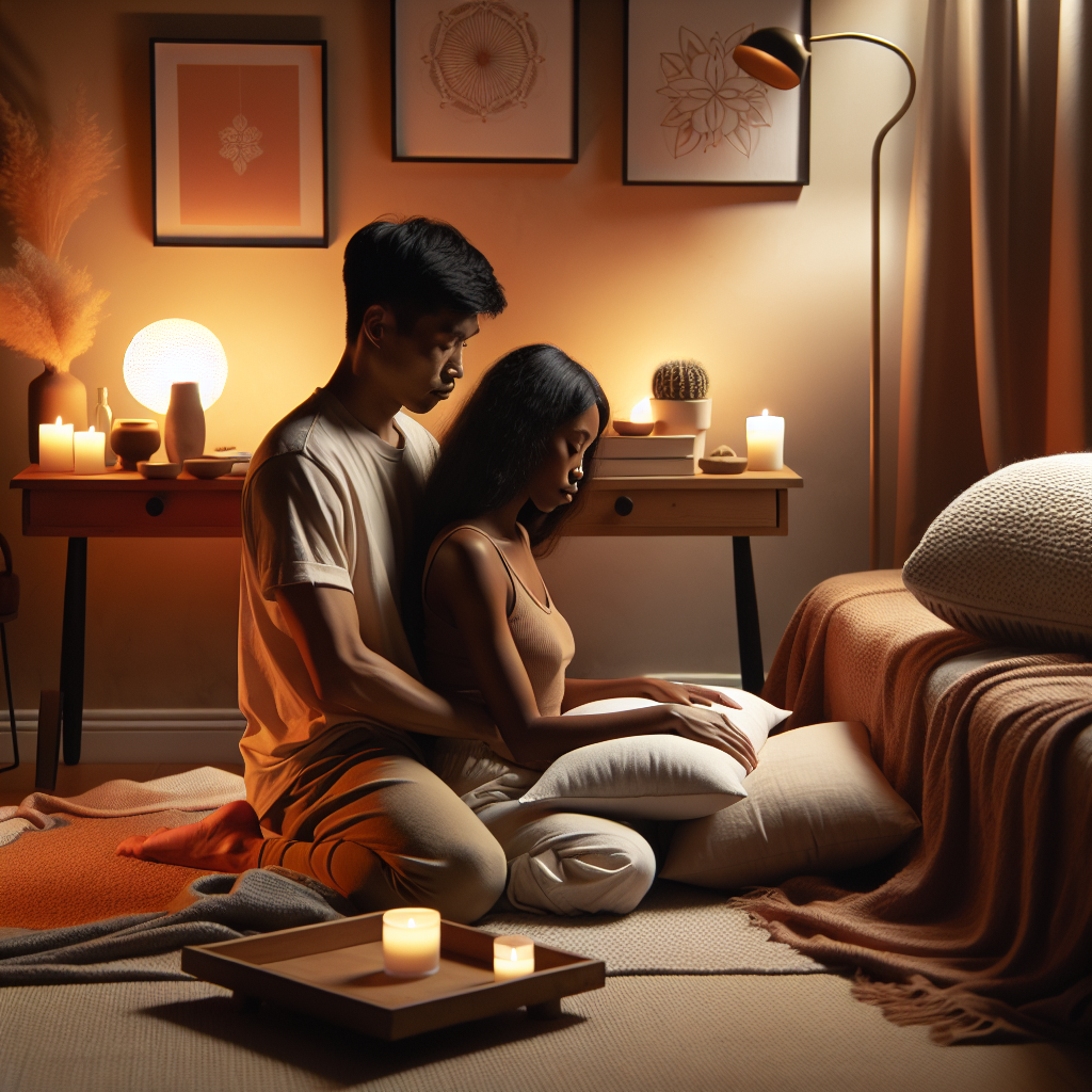 A couple in an intimate setting experimenting with the pillow technique during a romantic evening, surrounded by soft lighting and gentle decor, showcasing a sense of comfort and intimacy.