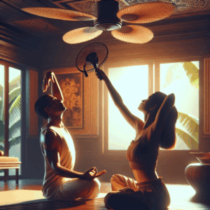 Two people in a dimly lit room with a fan, practicing intimate and cooling positions during a hot summer day, focusing on relaxation and comfort in a tropical setting.