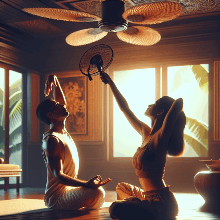 Two people in a dimly lit room with a fan, practicing intimate and cooling positions during a hot summer day, focusing on relaxation and comfort in a tropical setting.