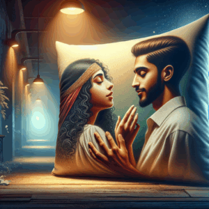 A couple using a pillow technique during intimate moments, in a tasteful and artistic way that shows a pillow enhancing the experience, with a soft, romantic lighting ambiance.