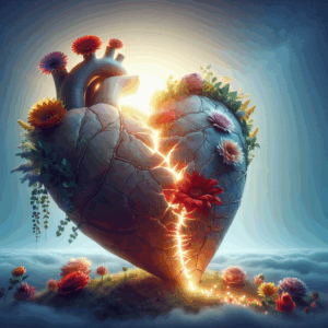 A broken heart mending itself with vibrant flowers and light surrounding it, symbolizing personal growth and self-discovery after a breakup, in a peaceful and hopeful setting.