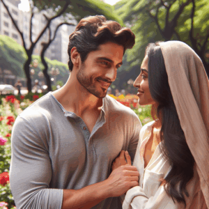 A romantic couple enjoying a sunny day in a city park. The man is attentively listening to the woman with a loving expression. The background is full of vibrant flowers and trees, evoking a sense of warmth and affection.