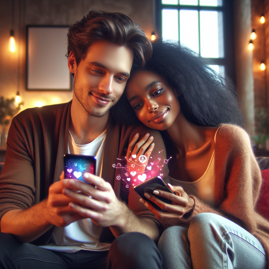 A modern, romantic couple sitting together on a sofa, each holding a smartphone, engaging with a colorful app interface. The room is cozy with warm lighting and soft decor, reflecting a happy and connected atmosphere.