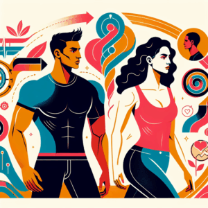 Illustration d'un couple traversant différentes phases de leur relation, avec des symboles de défis et de communication, dans un style moderne et inspirant.